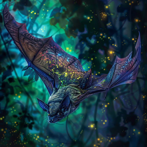 Bat with iridescent wings in a bioluminescent forest