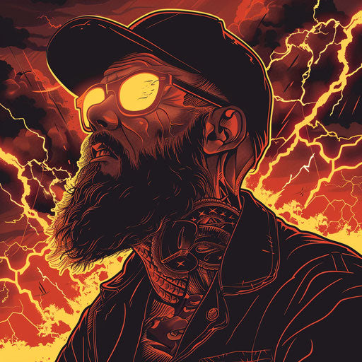 Dramatic biker sketch with thunderstorm and stark lightning