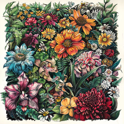 Enchanting garden with blooming flowers and eleven tattoo sketch