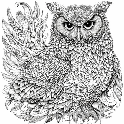 Intricate owl with elaborate feather details. Coloring page