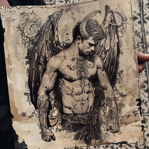 Rustic flat tattoo sketch of Lucifer with baroque-style ornamental details