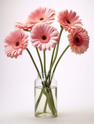 Four pink gerberas in a vase on white background