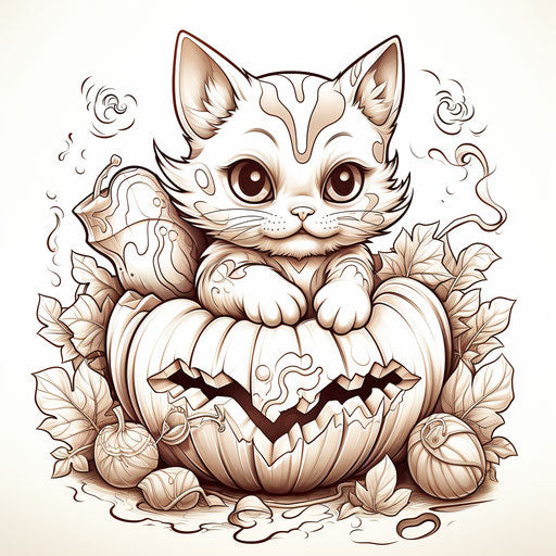 Pumpkin with cat coloring page in toy-like style HD