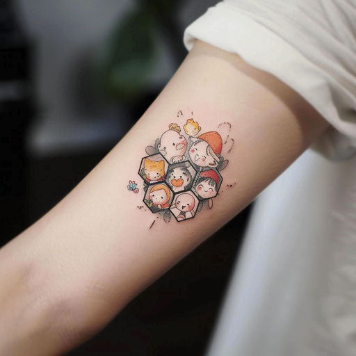 Charming flat tattoo sketch of a hexagon with cute cartoon characters inside