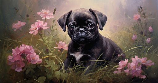 Pug puppy in grass with green daisies, light pink and dark maroon style