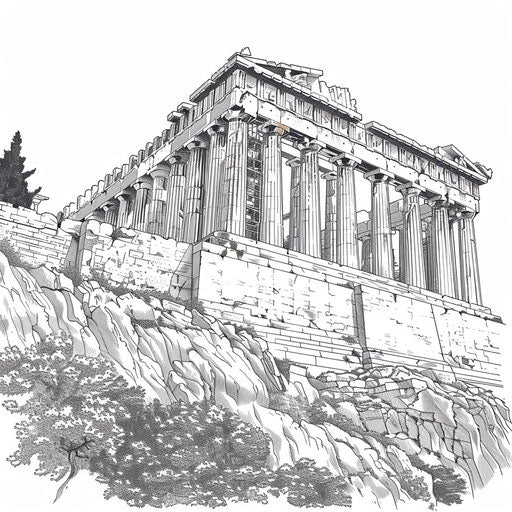 Artistic depiction of the Acropolis, detailed tattoo design on white background