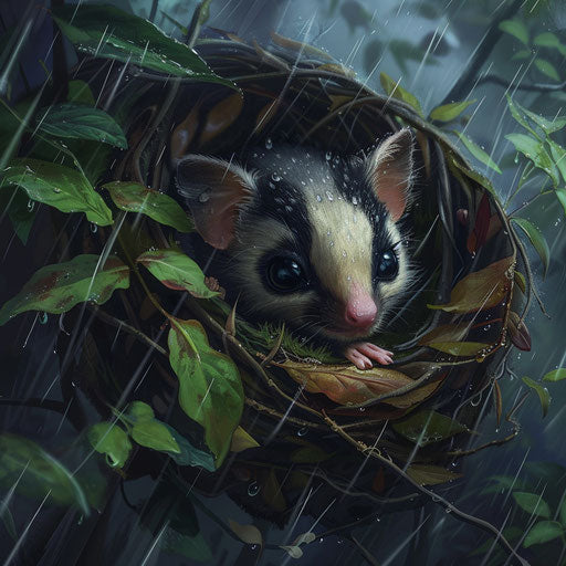 A sugar glider nestled in a cozy nest during a gentle rain