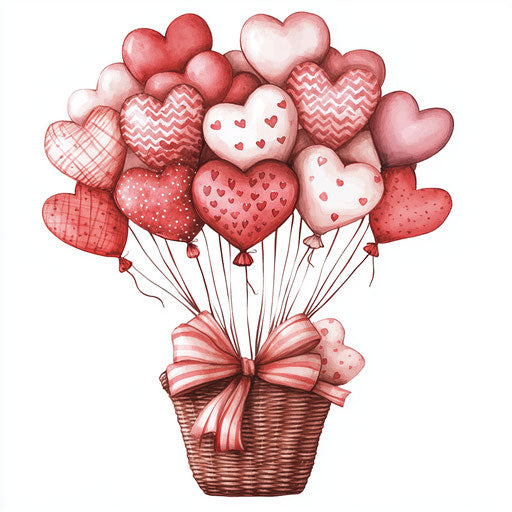 Heart-shaped balloons in a basket on white background