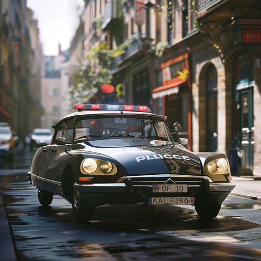 Police patrol in Citroen DS 20 with modern siren in urban setting