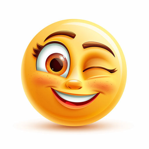 Female winking smiley face emoji, white, yellow orange