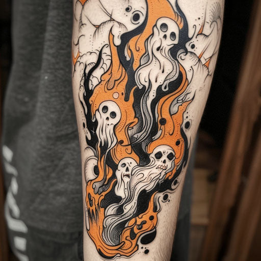 Stylized flat tattoo sketch of hell with swirling smoke and abstract souls
