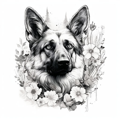 German shepherd dog drawing - flower and nature motifs, pop style
