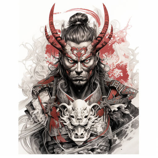 Drawing of a samurai in black and white with colorful imagery