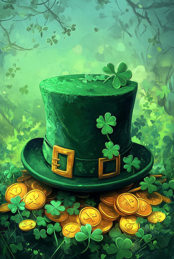 Green hat with gold coins and shamrocks, Saint Patrick theme
