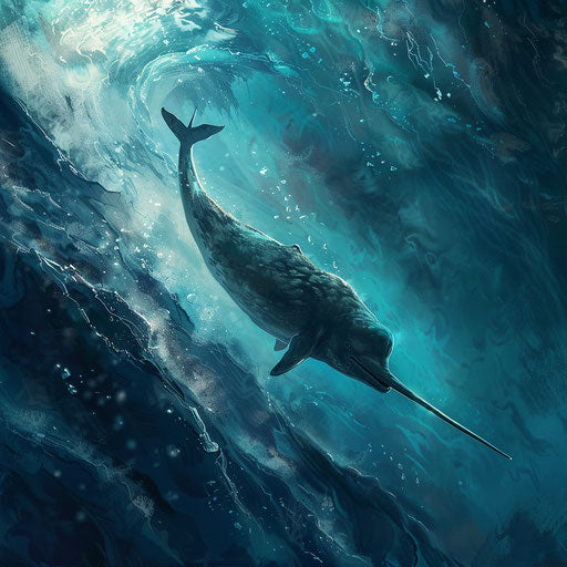 A narwhal gracefully swimming under the Arctic ice