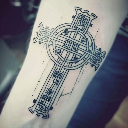 Futuristic Celtic cross with digital designs on white background