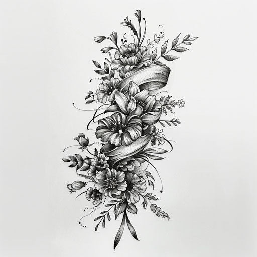 Create a botanical ribbon tattoo sketch with detailed illustrations and foliage