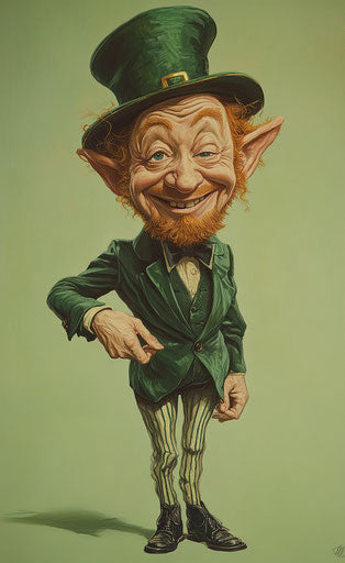 Caricature of a leprechaun in traditional outfit, smiling and reaching out to you