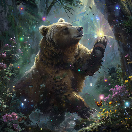 Grizzly bear casting a spell in an enchanted forest
