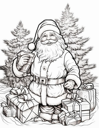 Santa's gift coloring page, joyful and optimistic style