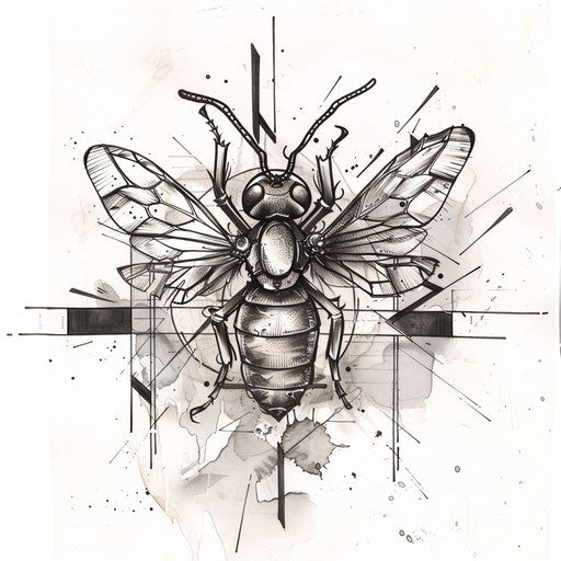 Artistic sketch of a wasp blending abstract elements with traditional insect motifs