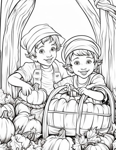 Two boys in a pumpkin basket, coloring page