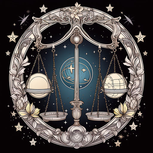 The libra constellation in front of a moon and two planets