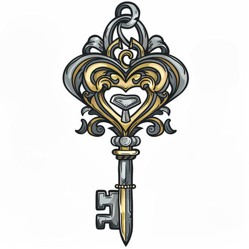 Clipart style flat tattoo sketch of a lock and key, symbolizing family bonds, in silvers and golds