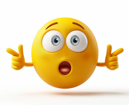 Yellow emoji with wide open eyes and mouth, fingers pointing head, white background.