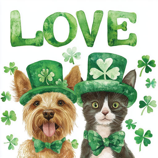 Dog and cat in green hats on white background