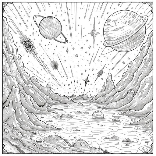 Cosmic landscape with planets and shooting stars