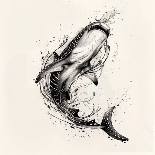 Dynamic flat sketch of a whale shark with abstract swirling ocean currents