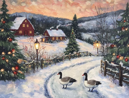 Picturesque winter landscape with snow-covered fields and village