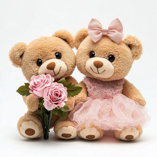 Adorable teddy bear pair with roses, pink dress and bow on head
