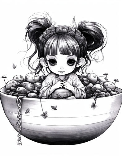 Girl sitting in a bowl, meticulous inking, pop kei style