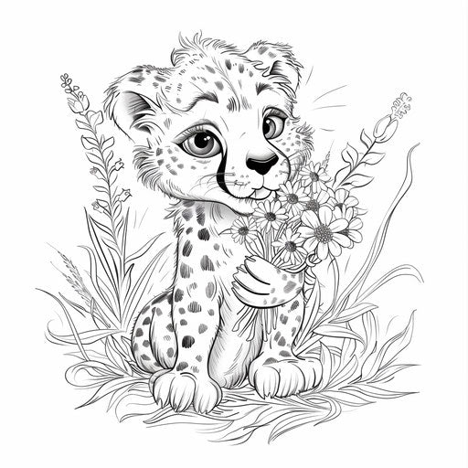 A whimsical cheetah holding a bouquet of flowers, charming. Coloring book page