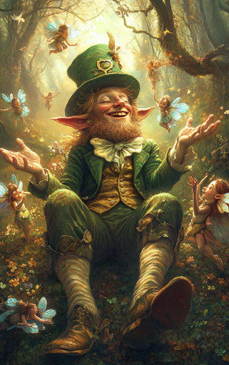 Leprechaun sitting in enchanted forest surrounded by fairies