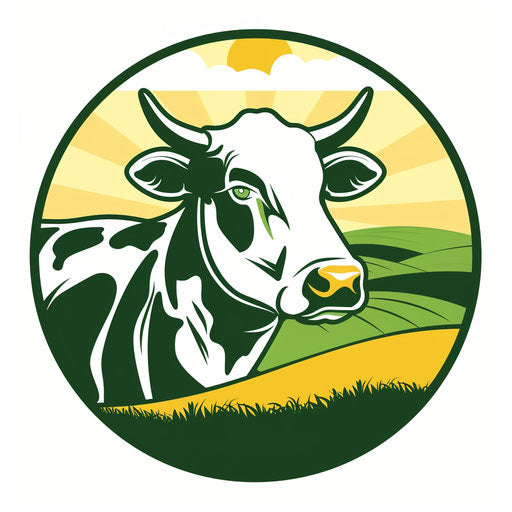 Farm logo featuring a stylized cow with grassy field backdrop