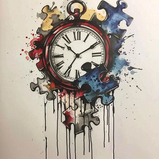 Surrealist tattoo art: melting clock over puzzle piece, symbolizing autism, on white background