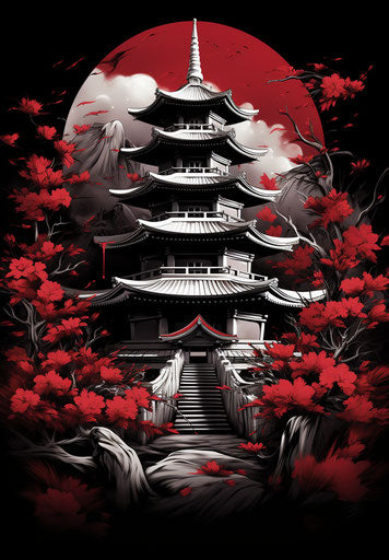 Asian pagoda with red and white lotus in background
