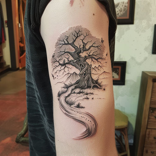 Bicep tattoo of an Elvish tree, Peter Jackson style