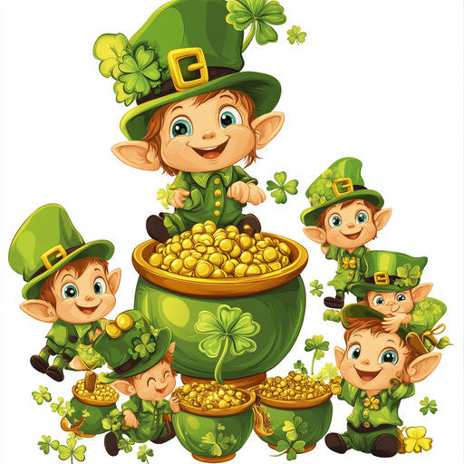 St. Patrick's Day: cute baby leprechauns by pots of gold and shamrocks