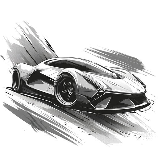 Sleek modern car tattoo sketch in a minimalistic clipart style with a monochrome palette