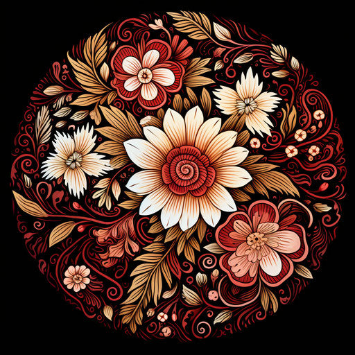 Ornamental circle in white and brown with lush details on black background