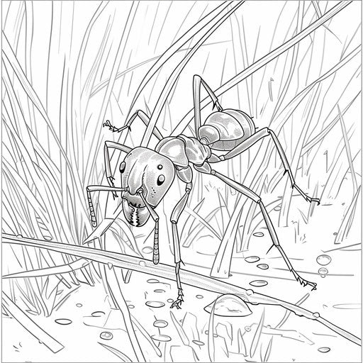 Ant walking on a blade of grass with morning dew