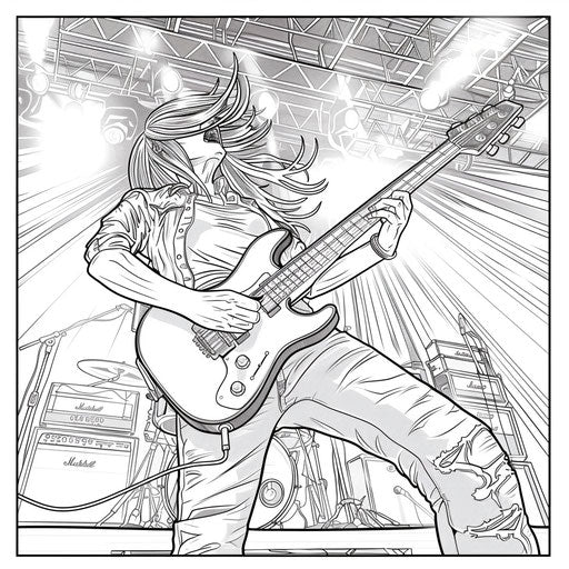 Rock star with electric guitar and dynamic stage lights. Coloring book page