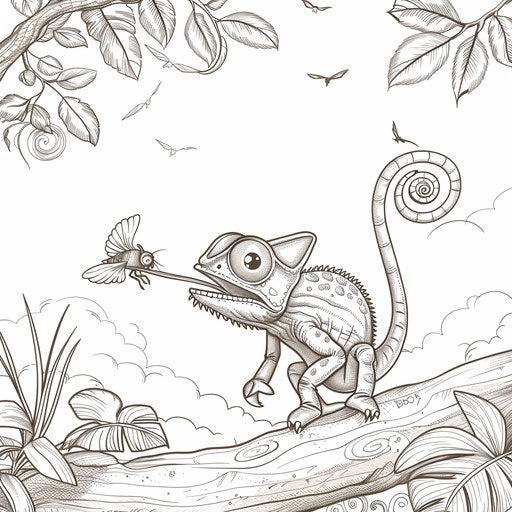 Chameleon catching a fly with its long tongue