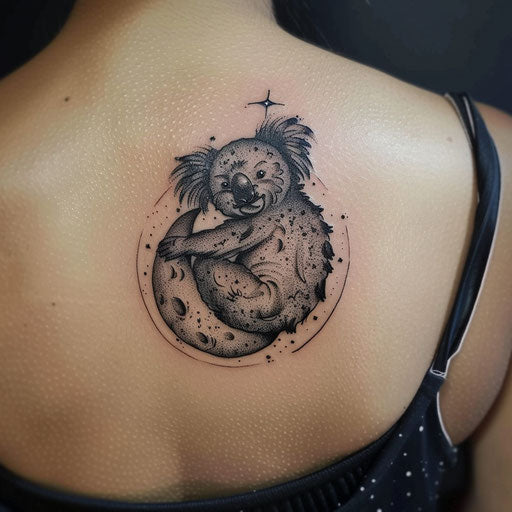 Bold and dark flat tattoo sketch with a koala against the moon