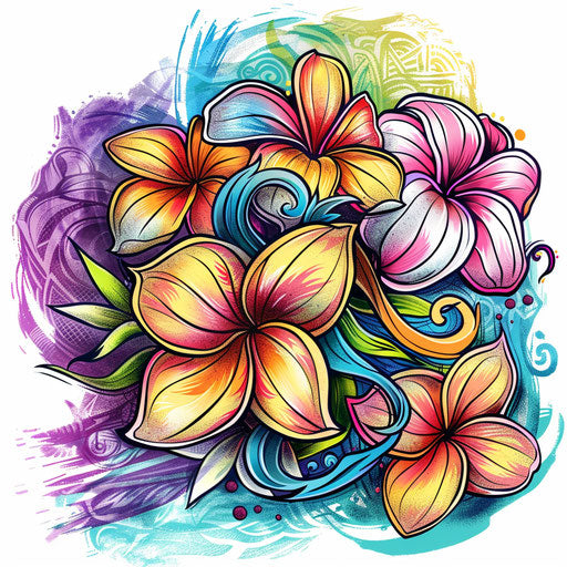 Dynamic flat tattoo sketch of plumeria with motion effects and swirling color bursts