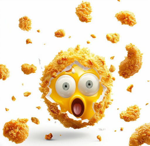 Explosion of surprise with broken egg and fried chicken bits